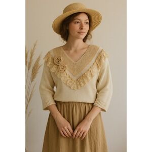 Ann Wi Knit Sweater Women's M Cottagecore Feminine Prairie Grandmacore Coquette